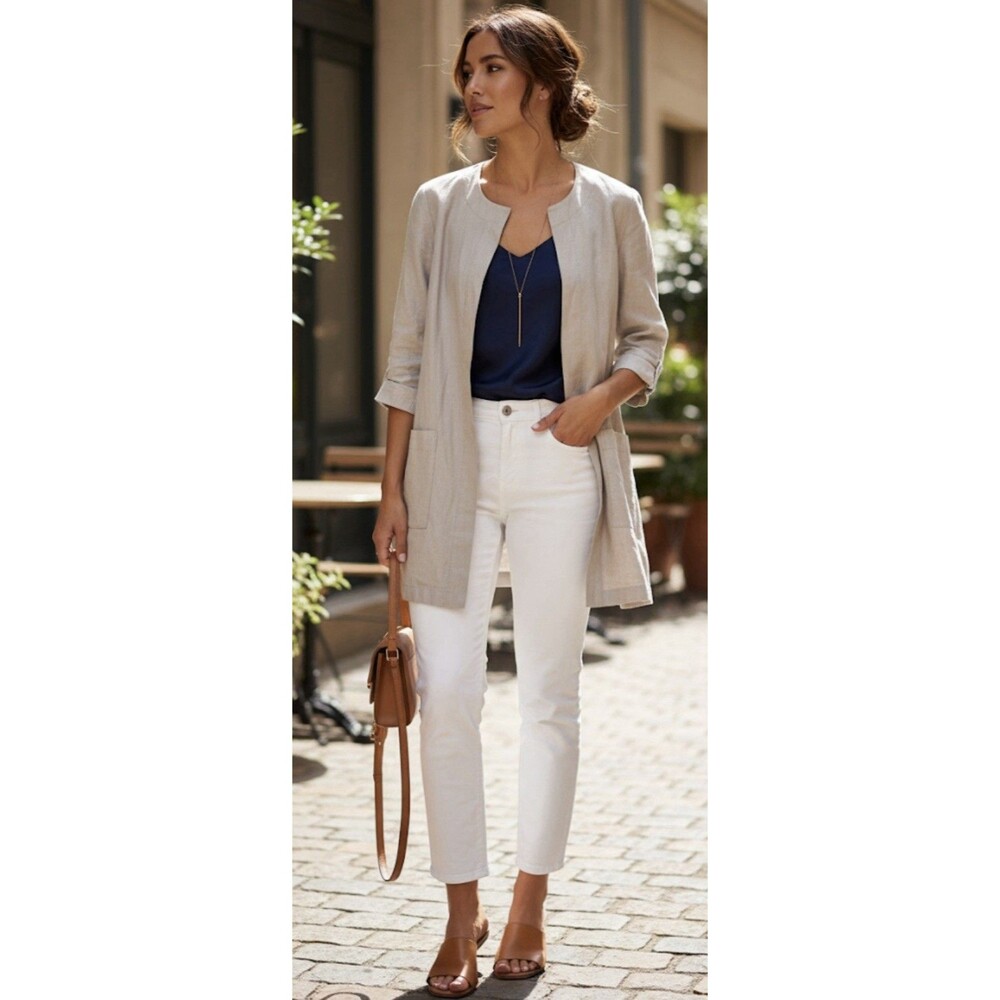 Eileen Fisher Cotton Round Neck Beige Long Open Jacket Cardigan Sz Small Petite